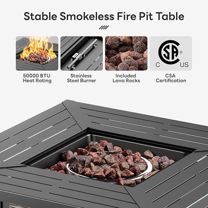 Wicker Outdoor Swivel Chairs Set of 4 with Fire Pit Table, 5 Pieces Patio Furniture Set with Fire Pit Table for Yard, Deck, Garden, Light Beige/Light Blue