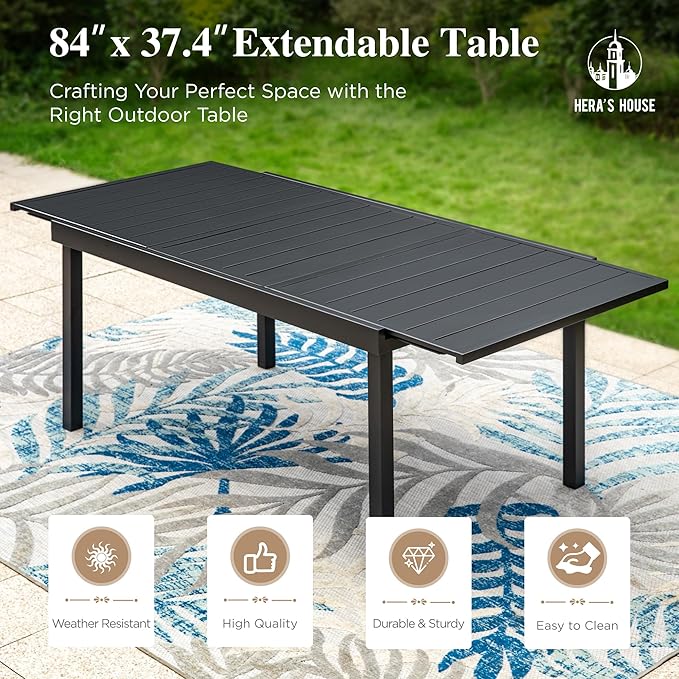 HERA'S HOUSE Outdoor Patio Dining Set of 9, 9 Piece Outdoor Table and Chairs Set of 1 Extendable Large Patio Table and 8 Quick Dry Textilene Swivel High Back Rocking Chairs for Lawn, Park, and Garden