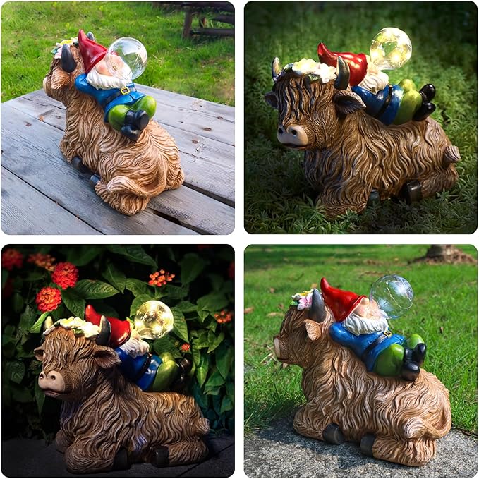 Solar Highland Cow Gnome Garden Decor Statue, Outdoor Funny Solar Light Decoration for Yard, Patio, Lawn, Unique Housewarming, Birthday Gift for Women, Mom, Grandma