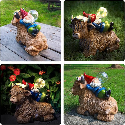 Solar Highland Cow Gnome Garden Decor Statue, Outdoor Funny Solar Light Decoration for Yard, Patio, Lawn, Unique Housewarming, Birthday Gift for Women, Mom, Grandma