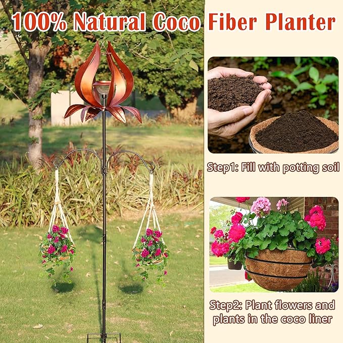 Solar Wind Spinner Outdoor Metal 83 Inch Windmill for Yard Garden Patio Decor Metal Yard Art Garden Art Easter Outdoor Decors Large Landscape Light with Shepherd Hooks Coconut Baskets