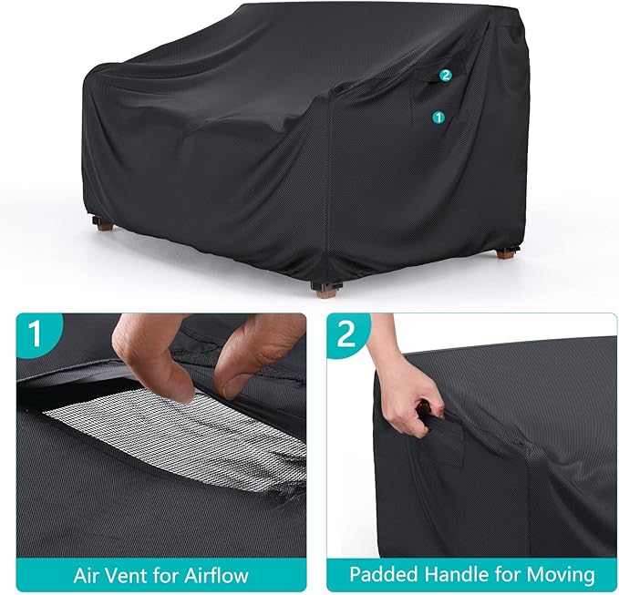 Patio Sofa Cover Waterproof - Heavy Duty 3-Seater Outdoor Couch Cover Patio Furniture Covers with Air Vent and Handles, 88" L×33" D×32" H, Black