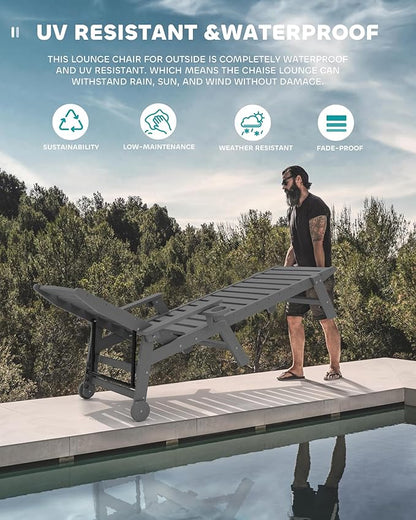 SERWALL Patio Chaise Lounge Chair Set of 2, 78'' Long 5-Positions Adjustable HDPE Outdoor Lounge Chair for Pool, Poly Lounge Chair with Rolling Wheels & Cup Holder for Poolside, Deck, Slate Gray