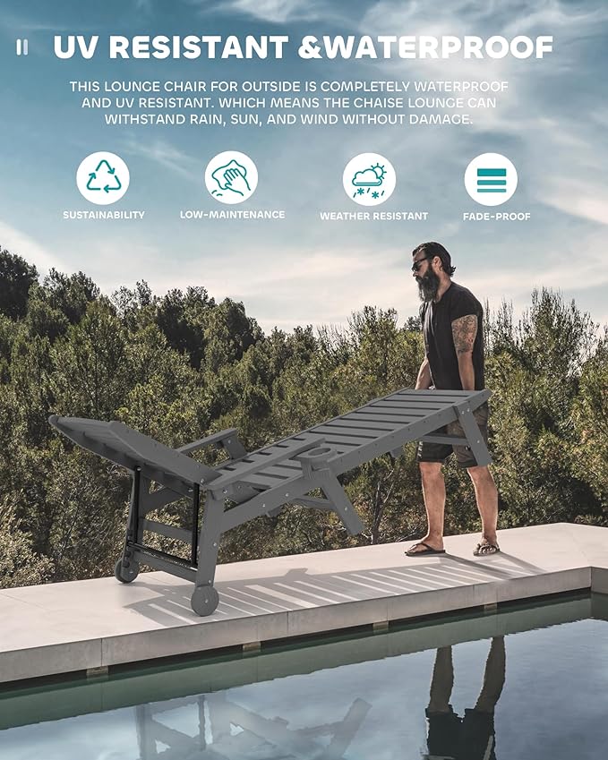 SERWALL Patio Chaise Lounge Chair Set of 6, 5 Positions Adjustable Poly Outdoor Lounge Chair for Pool, HDPE Lounge Chair with Rolling Wheels & Cup Holder for Poolside, Deck, Slate Gray