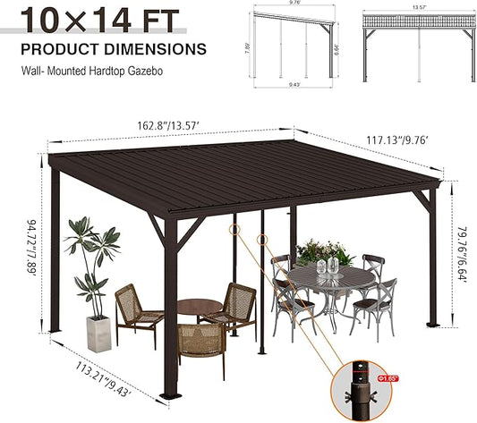 Domi 10'x14' Hardtop Wall Mounted Gazebo, Expandable Lean to Gazebo Pergola with Gutters & Galvanized Steel Roof, 60MPH Wind Resistance Outdoor Heavy Duty Canopy Sun Shade for Patio, Backyard - Brown