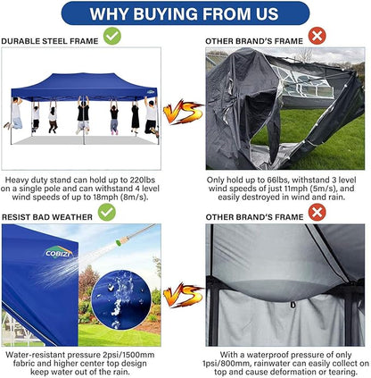 COBIZI 10x20 Pop Up Canopy with 6 Sidewall,Heavy Duty Canopy UPF 50+ All Season Wind Waterproof Commercial Outdoor Wedding Party Tents for Parties Gazebo with Roller Bag(10 x 20 ft Dark Blue)