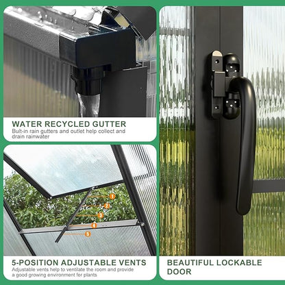 10x16 FT Greenhouse for Outdoor, Large Easy Assembly Heavy Duty Polycarbonate Panels Aluminum Frame Walk-in Green House with 3 Windows Wider Door for Garden Plants