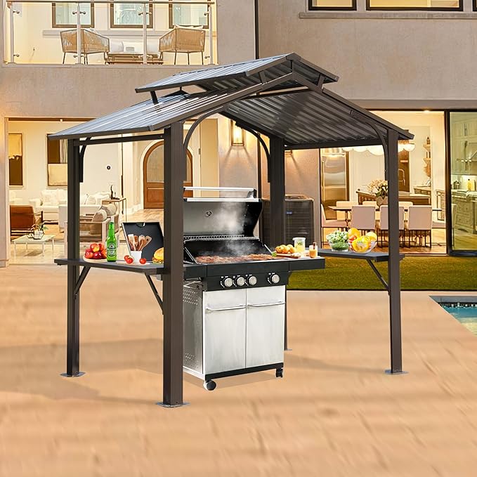 Domi 8x5FT Hardtop Grill Gazebo, Outdoor BBQ Gazebo with 2 Side Shelves and Ceiling Hook, Metal Grill Canopy with Galvanized Steel Double Roof for Patio Lawn Patio Backyard Deck, Brown