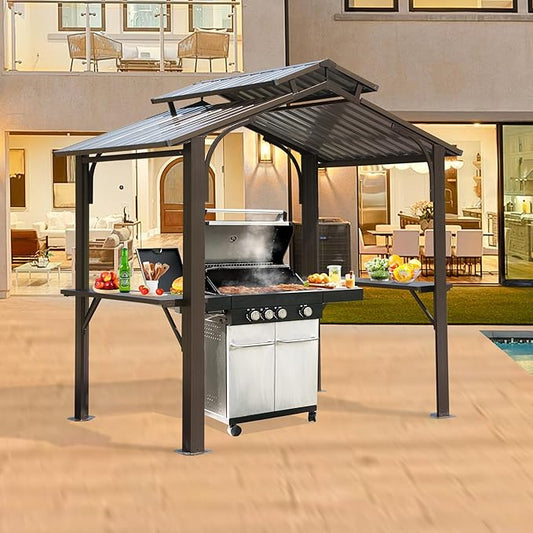 Domi 8x5FT Hardtop Grill Gazebo, Outdoor BBQ Gazebo with 2 Side Shelves and Ceiling Hook, Metal Grill Canopy with Galvanized Steel Double Roof for Patio Lawn Patio Backyard Deck, Brown