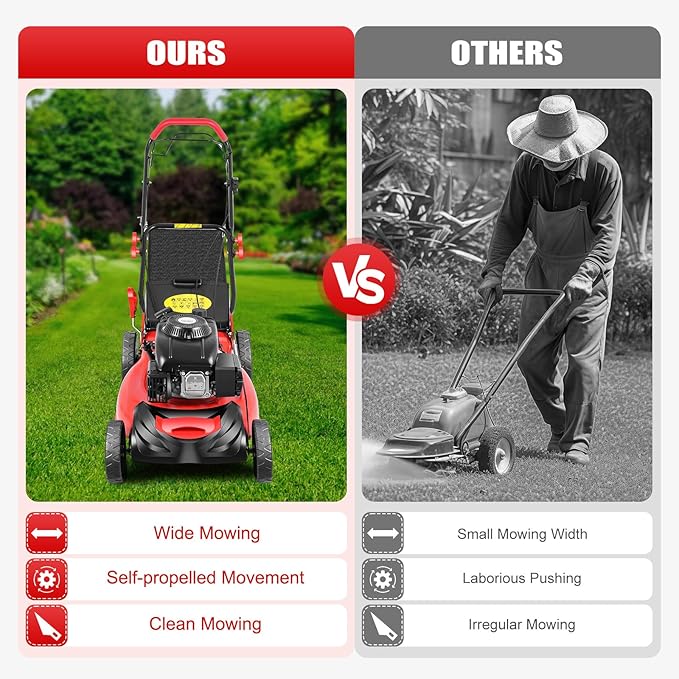 5Hp 4 Stroke Gas Push Lawn Mower, Self-Propelled Gas Powered Lawn Mower with Bagger, 20-inch & 140CC Gas Mower, 8 Adjustable Heights for Small to Medium Sized Yards