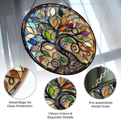Bohemian Tree of Life Stained Glass Suncatcher 4 Season Colorful Window Wall Ornament Hand-Painted Glass Panel Decor Gift for Women Christmas Thanksgiving Gift 6.3"