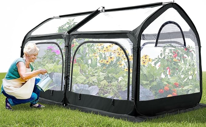 Quictent Premium Greenhouse with Screen Window, Portable Fast-up Plant Greenhouses for Outdoors with Heavy Duty Pop-up Fiberglass Frame Durable Waterproof Cover, 98.4x49.2x52.8 Inch, Black