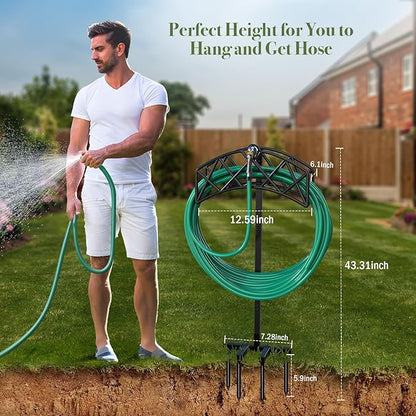 Garden Hose Holder Detachable Heavy Duty Metal Water Hose Hanger, Freestanding Hose Storage Stand Rack for Outside (Black)