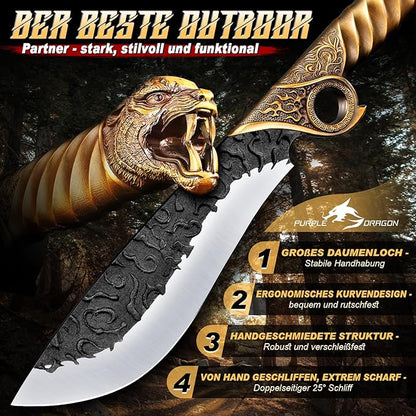 Purple Dragon Heavy Duty Machete for Cutting Trees – Japanese Forged Survival Machete with Tiger Head Handle, Gardening Machetes with Leather Sheath, Yard Work & Outdoor Camping Machetes