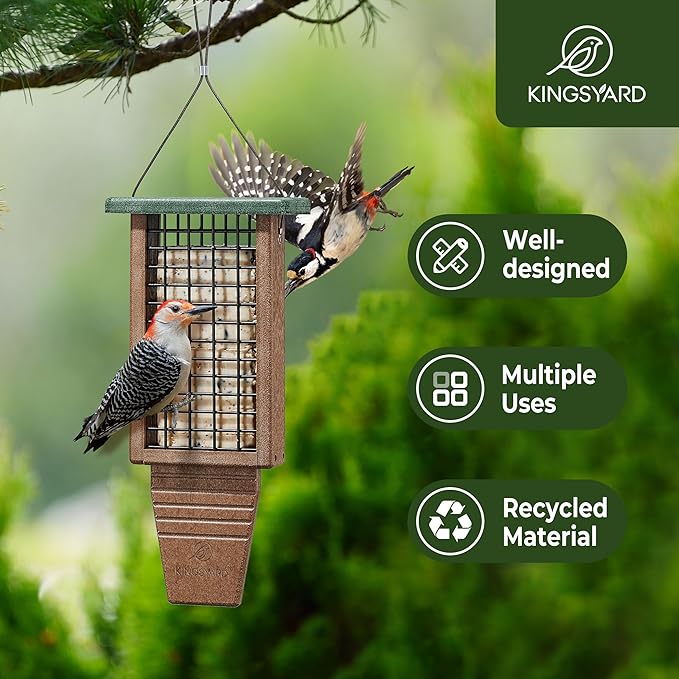 Kingsyard Recycled Plastic Suet Bird Feeder, Double Capacity Tail-Prop Suet Feeder for Outside Hanging, Sturdy & Durable, Great for Woodpecker & Clinging Birds, Green