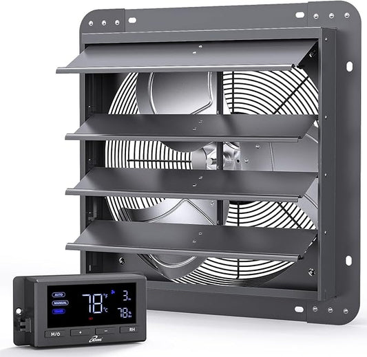 iLiving 16" Wall Mounted Shutter Exhaust Fan, Automatic Shutter, Temperature and Humidity Controls with Variable Speed, 1736 CFM at 1600 RPM DC Motor
