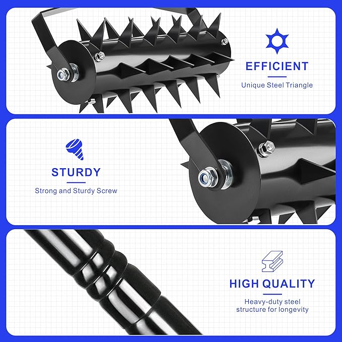 Rolling Manual Lawn Aerator, 58-Inch Handle Manual Push Spike Aerator for Gardens, Yards, and Farmland, Deep Soil Penetration for Healthy Grass and Improved Lawn Growth Manual Aerator Tool Black