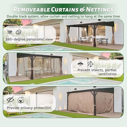 12’ x 14’ Lean to Gazebo, Outdoor Wall Mounted Gazebo Aluminum Frame, Hardtop Pergola with Galvanized Steel Sloping Roof for Patio Deck Garden Backyard, Curtain and Netting Included
