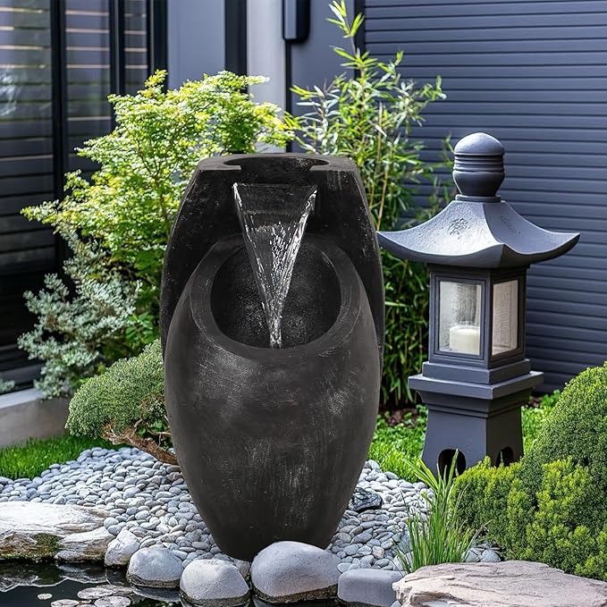 Backyard Water Fountain – 21.5” Tall Floor Standing Fountain, Indoor/Outdoor Modern Two-Tier Waterfall for Garden, Patio, or Yard Décor