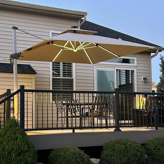 PURPLE LEAF 11 Feet Solar Powered LED Square Cantilever Umbrella With Base Patio Umbrellas Windproof Hanging Umbrella Outdoor Umbrellas Offset Umbrellas, Beige