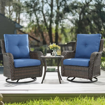 HUMMUH 3-Piece Swivel Rocking Rattan Chair Outdoor, Patio Bistro Furniture Conversation Set with Cover,Cushioned Wicker Chair with Glass Coffee Table(Brown, Blue)