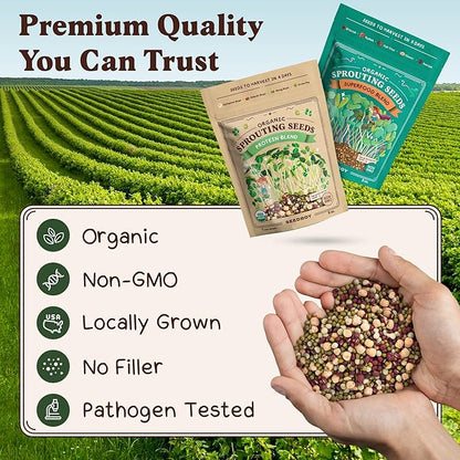 Seedboy Organic Non-GMO Sprouting Seeds, Superfood & Protein Blend – 2 Pack Bundle – USA Grown Sprouting & Microgreens Seeds – Two 8 oz Bags Makes 12 Quarts / 36 Servings (Superfood/Protein)
