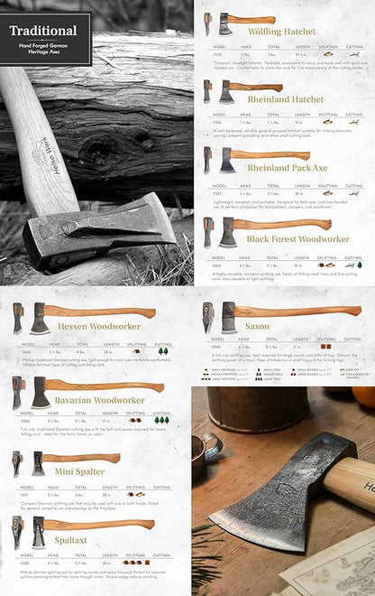 1844 Helko Werk Germany Traditional Hessen Woodworker Axe - Made in Germany Hand Forged Felling Axe and Cutting Axe, Forest Axe for Felling Tree - Head 2-3/4 lbs, Handle 28 in. (Hessen) #13563