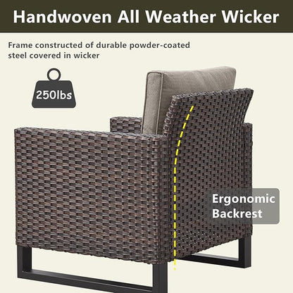Rilyson Wicker Outdoor Patio Furniture Set - 5 Piece Patio Conversation Set with 2 Wicker Armrest Chairs,2 Rattan Ottoman and 1 Metal Side Table for Outside Porch Deck Backyard Garden(Brown/Grey)
