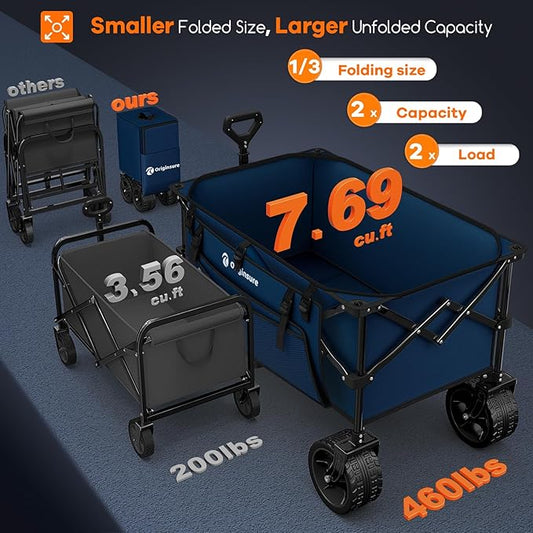220L Collapsible Wagon Cart Foldable, 460lbs Load Capacity Heavy Duty Folding Beach Wagons with Big All-Terrain Wheels, Utility Carts for Groceries, Shopping, Camping, Sports - Blue