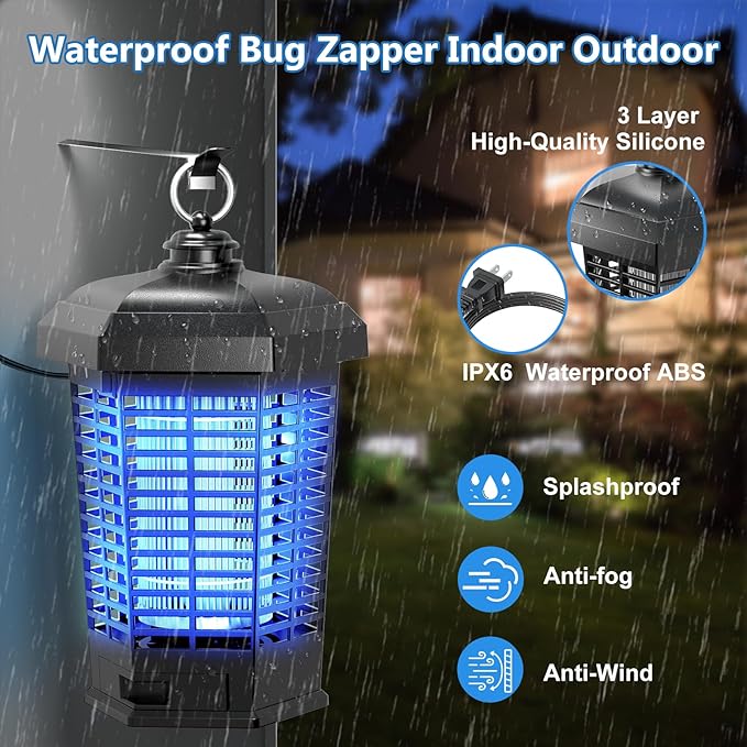 Bug Zapper Outdoor Indoor,Electric Mosquito Zapper Plug in,4200V Rechargeable Fly Trap with ABS Waterproof Cover,Electric Fly Zapper for Home Backyard Camping BBQ,Black