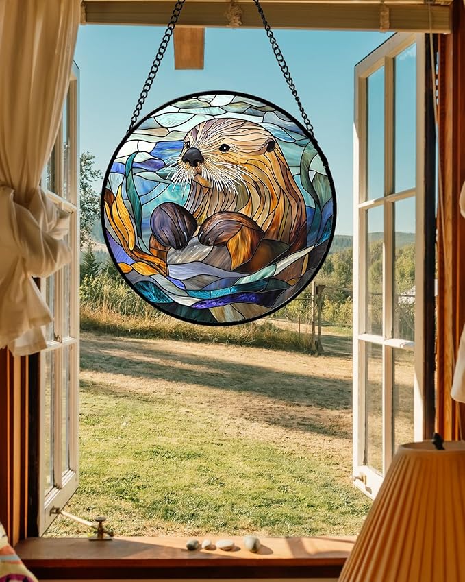 Stained Glass Suncatcher, Blue Ocean Cute Sea Otter Sun Catcher Stain Glass Window Hanging Decoration Mother's Day Birthday Gifts for Women Men Mom Nana 15 in