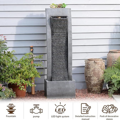 Outdoor Water Fountain, 49.2" Tall Freestanding Fountain with LED Lights & Pump - Curved Faux Slate Waterfall Feature for Garden/Patio/Backyard, Resin Fiberglass Indoor Outdoor Floor Standing Fountain