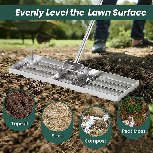 Goplus Lawn Leveling Rake, 30" x 10" Heavy Duty Level Lawn Tool w/ Ergonomic Handle for Soil, Effort-Saving Landscape Rake for Garden, Backyard, Golf Course, Farm, Pasture, Silver