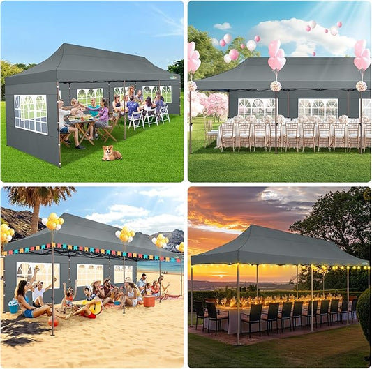 COBIZI 10x30 Heavy Duty Pop Up Canopy with 8 Sidewalls and Hexagonal Legs, Easy up Tent for Parties, Wedding and Commercial, Outdoor Canopy with Carry Bag, Sand Bags, Waterproof & UPF50+ (Gray)