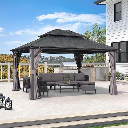 PURPLE LEAF 12' X 14' Hardtop Gazebo Patio Hardtop Gazebo with Heavy Duty Galvanized Steel Double Roof for Patio Lawn Garden, Netting and Curtains Included, Grey