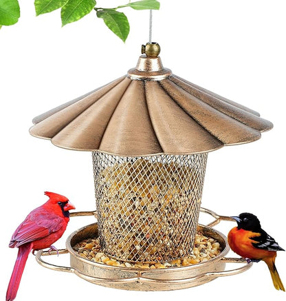 LBTING Bird Feeder for Outdoor, Squirrel Proof Metal Wild Bird Feeder for Hanging Outside Garden Yard Decoration, Flower Petals Shaped with Roof