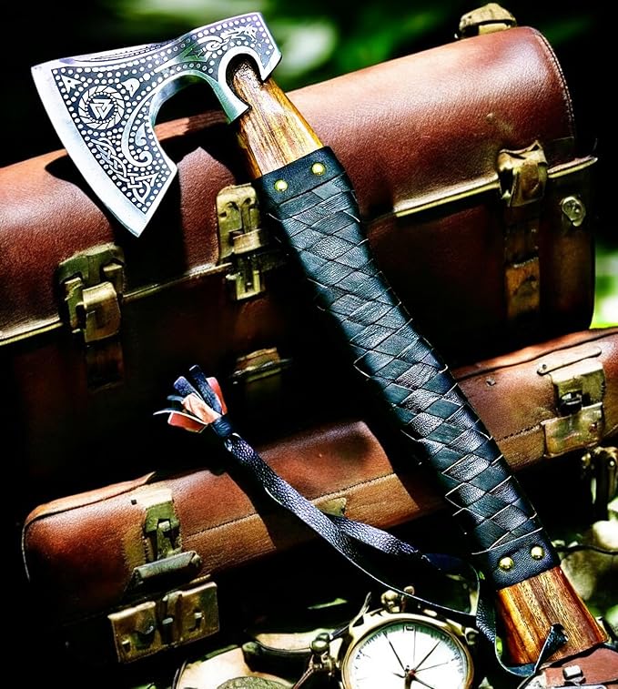 AX-7000 Custom Gift Forged Carbon Steel Viking Axe with Rose Wood Shaft, Viking Bearded Camping Axe (AX-7000) (AX-7091)