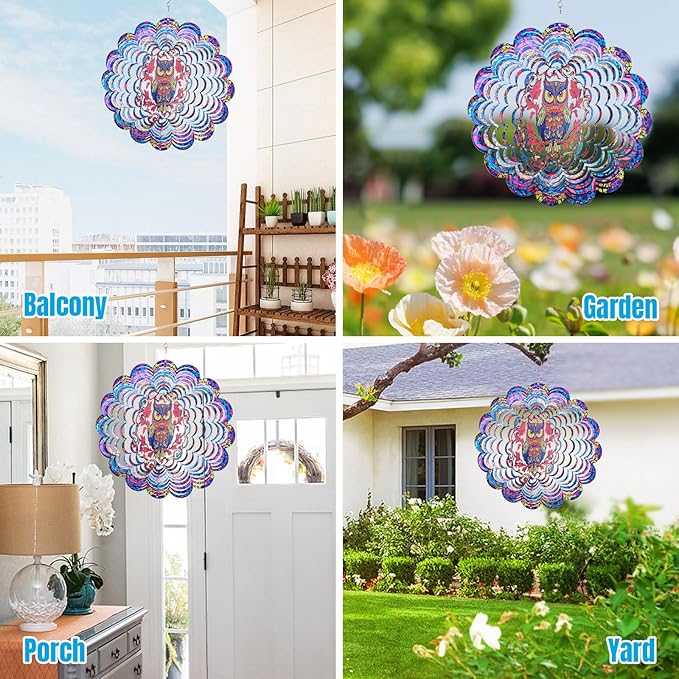 Wind Spinners Outdoor, Owl Metal 3D Hanging Garden Decor, 12-inch Stainless Steel Wind Spinner with Tail Spinner, Wind Sculptures for Patio Lawn Yard, Ornament Gift for Women/Men