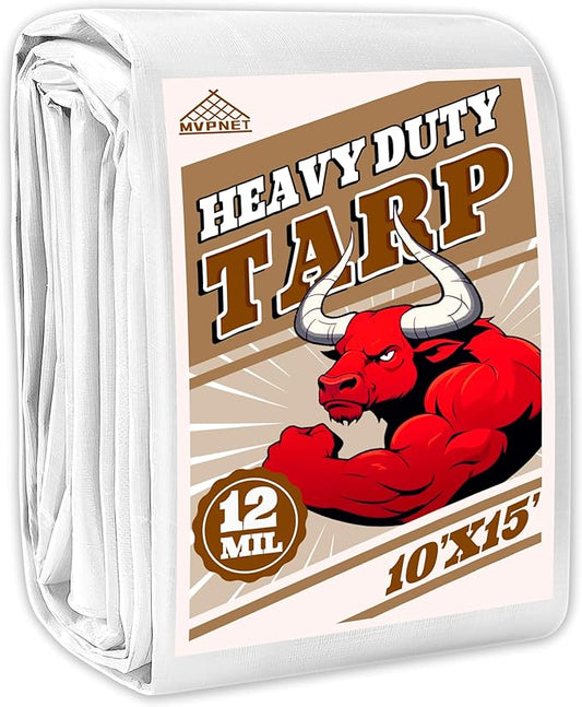 Tarp 10x15 ft Heavy Duty 12mil 100% Waterproof High Durability Multipurpose,Uv Resistant,White Tarp Suitable for Swimming Pools, Boats, Camping, Courtyards, Etc -by MVPNET