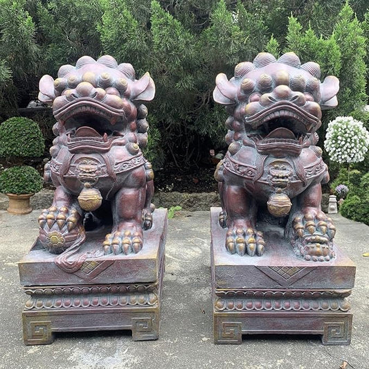 Zaer Ltd. Set of 2 Traditional Fu Dog Garden Statues, Chinese Guardian Lion Sculptures with Pedestals, Made with Magnesium-Cement (Blue-Bronze)