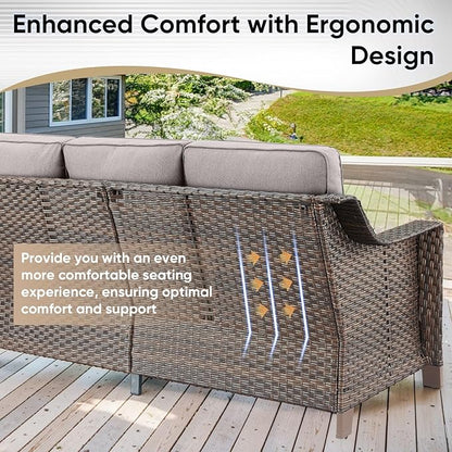 4 Piece Patio Furniture Set-Outdoor Rattan Wicker Sofa with Patio Chairs Outdoor Furniture for Porch Garden Backyard Poolside-Brown/Grey