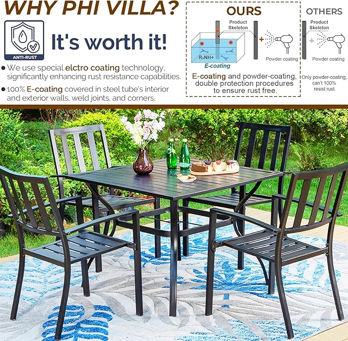 PHI VILLA 5 Piece Outdoor Dining Set with 10ft Umbrella, 37" Square Metal Dining Table & 4 Stacking Metal Chair with 3 Tier Beige Umbrella for Patio, Deck, Yard, Porch