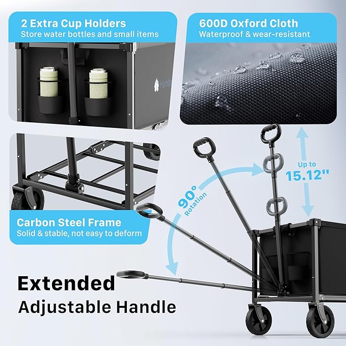Collapsible Wagon Cart with Wheels, 150L Lightweight Foldable Utility Cart, Portable Rolling Wagon for Garden, Shopping, Sports, Camping, Transport, Black