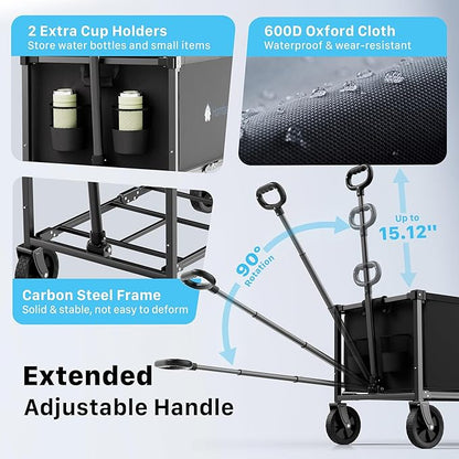 Collapsible Wagon Cart with Wheels, 150L Lightweight Foldable Utility Cart, Portable Rolling Wagon for Garden, Shopping, Sports, Camping, Transport, Black