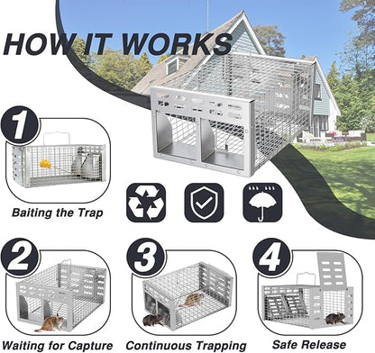 Rat Trap, Humane Live Rat Trap & Automatic Reset Mouse Traps with Dual One-Way Door Design – Catch and Release for Mice, Chipmunks, Hamsters, and Other Rodents, Indoors & Outdoors(Silver)