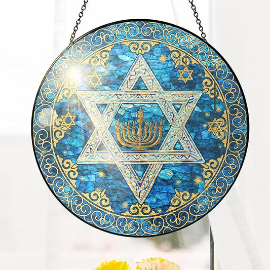 FLAGWIX Christmas Hanukkah Gifts for Women Men - Stained Glass Window Hanging 8 in - Christmas Decorations for Home Indoor Window, Religious Spiritual Gifts for Mom, Hanukkah Sun Catcher Hanging Decor