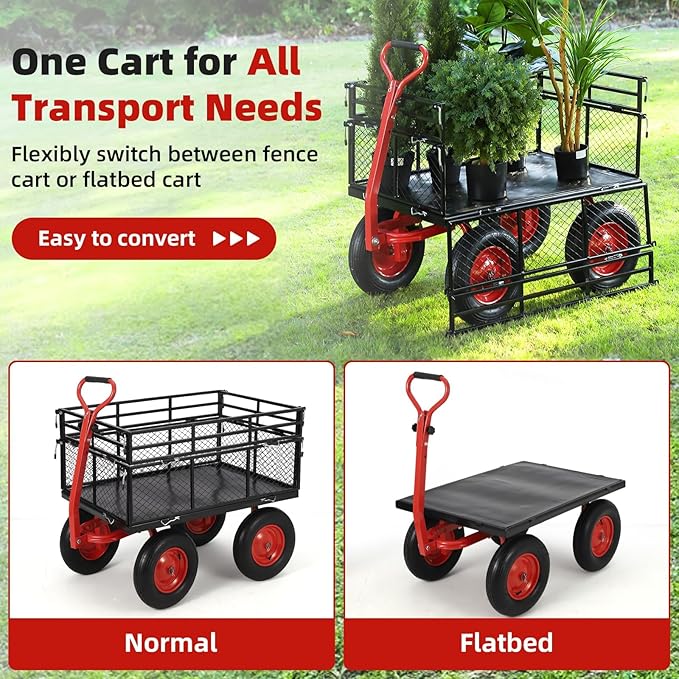 1400 Lbs Heavy Duty Utility Garden Carts and Wagons with 180° Rotating Handle and Removable Sides, Steel Yard Dump Wagon Carts with 16" All Terrain Tires