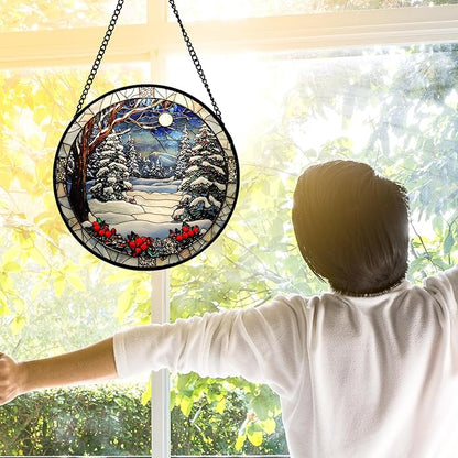 Stained Glass Window Hanging Christmas Tree Winter Snow Night Scenery 6.3" - Suncatcher Door Garden Kitchen Sun Catcher Home Decor Birthday for Mom Men Woman Friend