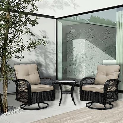 Patio Furniture Set Swivel Rocker, Outdoor Patio Chairs, 3 Piece Suit Porch Furniture Rocking Set, Backyard and Garden Rocker Rattan Chair, with Thickened Cushions and Glass Coffee Table(Brown)