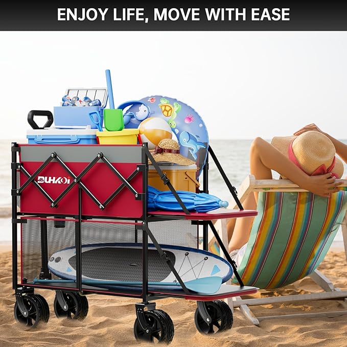 Double Decker Wagon 320L Large Capacity 400LBS Collapsible Sports Utility Cart with Big Wheels,Double Extended Tailgate Heavy Duty Folding Wagon Cart for Groceries,Camping,Outdoor-Rose Pink